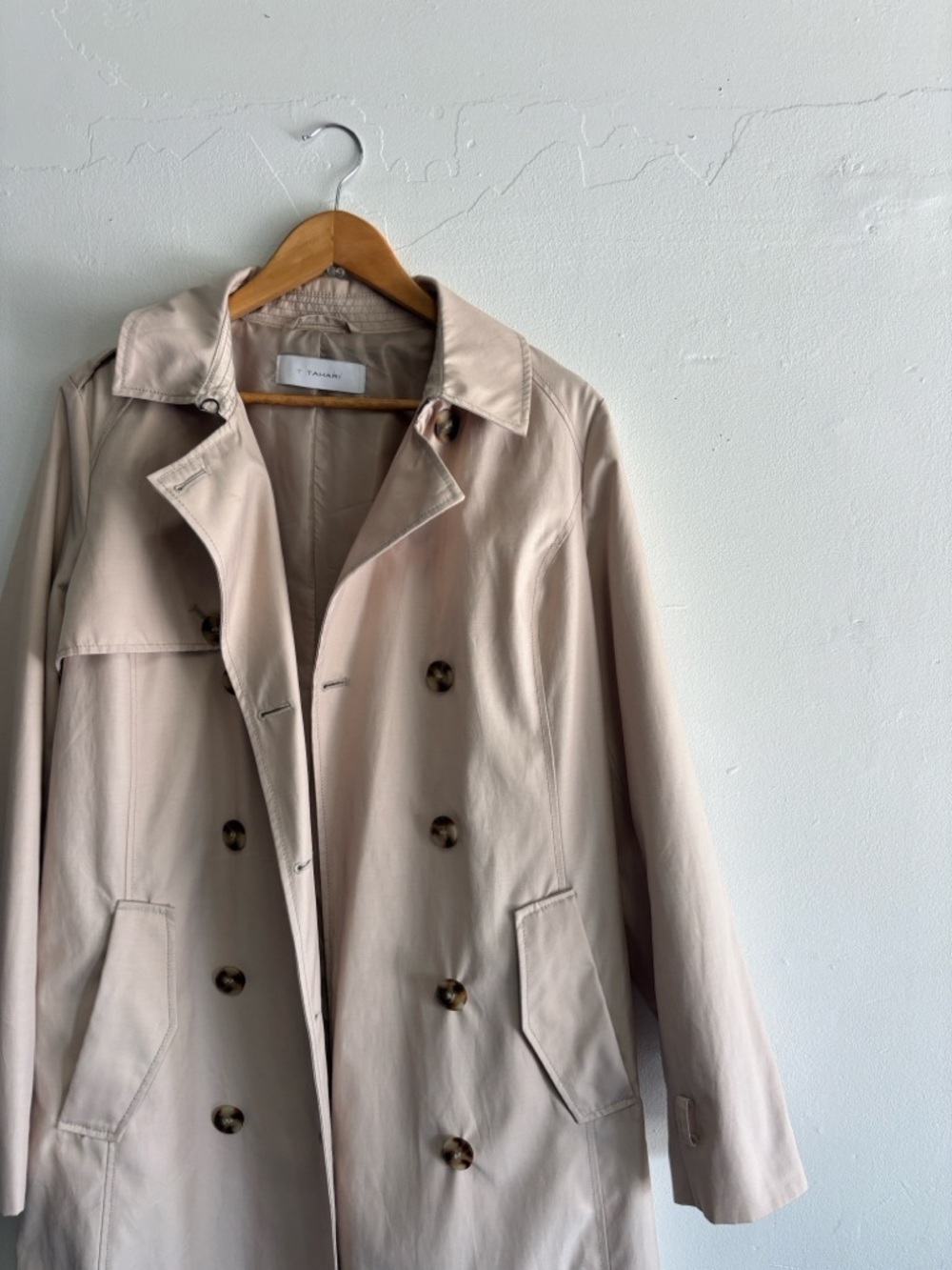 T Tahari Double-Breasted Trench Coat in Light Beige